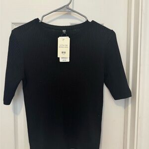 Uniqlo Black Ribbed Extra Fine Merino Short-Sleeve Sweater